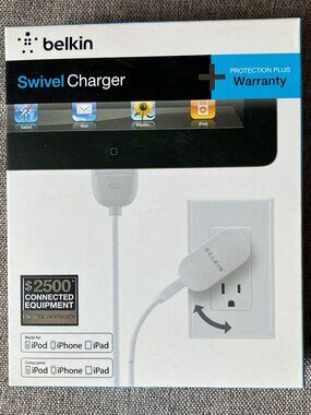 NEW / SEALED Belkin Swivel Charger + Cable for iPHONE, iPAD, iPOD 10W, 4ft 1.2m